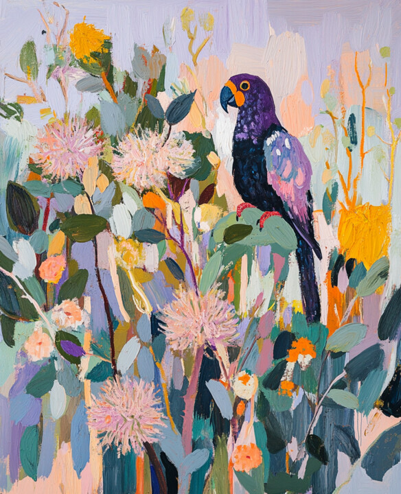 Magic purple parrot among flowers. 数字艺术