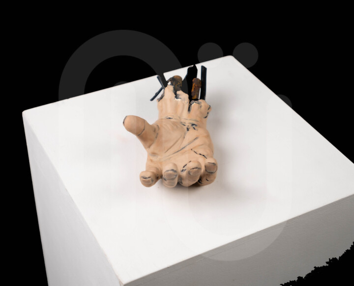 Sculpture titled "Recycled Hand" by Mü, Original Artwork, Clay