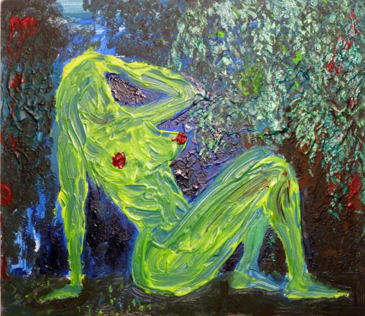 Akt in Gelb vor Parklandschaft. Картина, 12x14 in