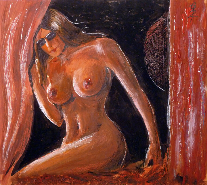 Akt in Rot vor Schwarz. Pittura, 13,2x14,8 in