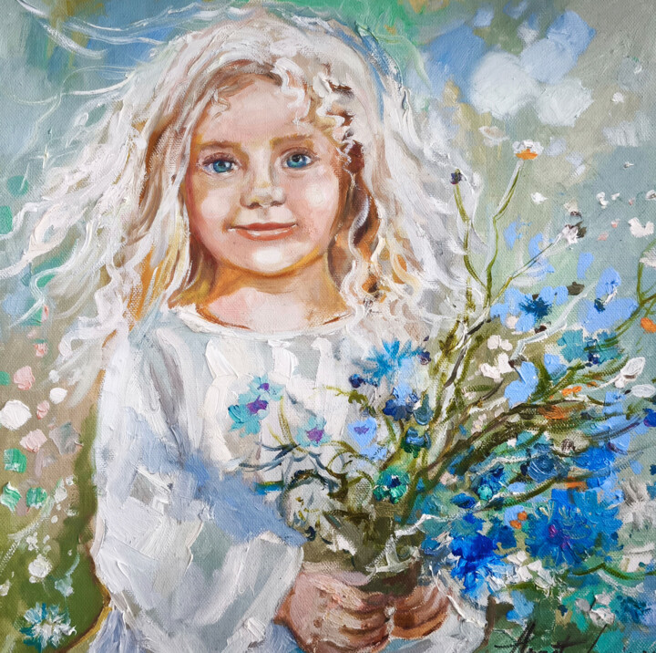 Spring girl with flowers painting on canvas, Portrait art Картина, 15,8x15,8 in