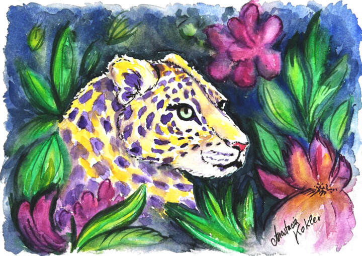 Majestic gaze: the leopard’s jungle Pintura, 11,8x16,5 in