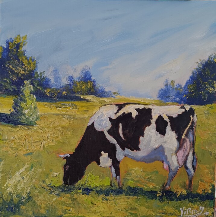 Painting titled "Cow in the meadow" by Vitalii Bondarenko (ViBond), Original Artwork, Oil
