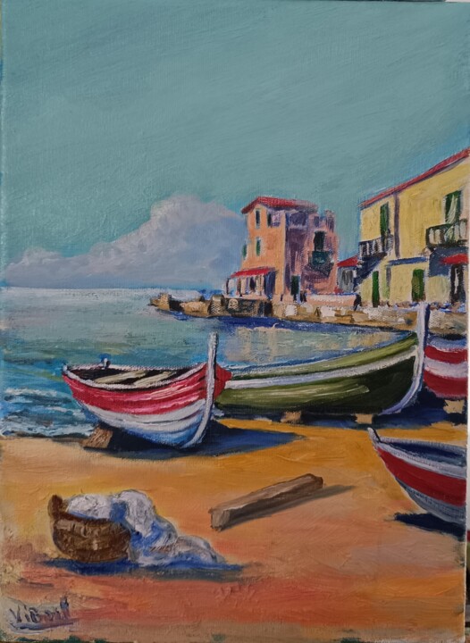 Painting titled "Fishing boats" by Vitalii Bondarenko (ViBond), Original Artwork, Oil