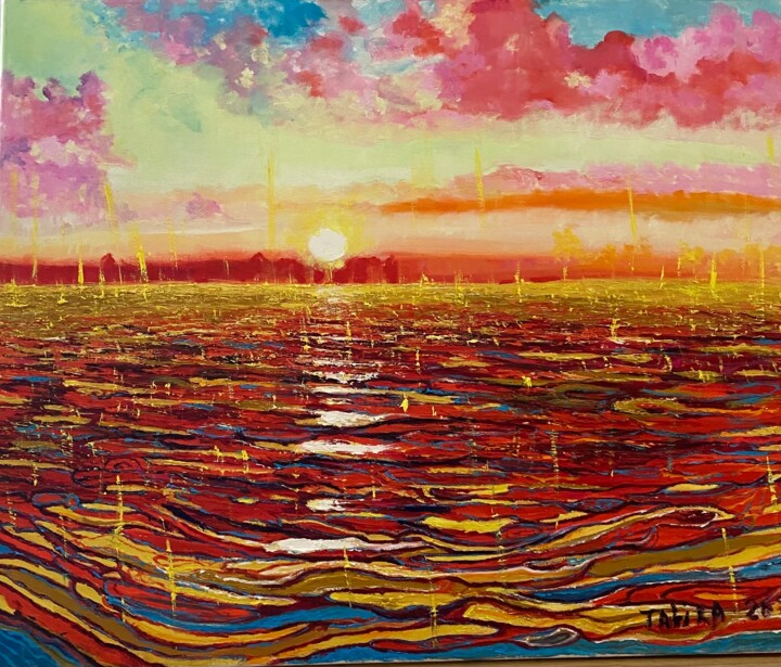 Painting titled "motifs rouges dans…" by Tahira Quliyeva, Original Artwork, Oil Mounted on Wood Stretcher frame