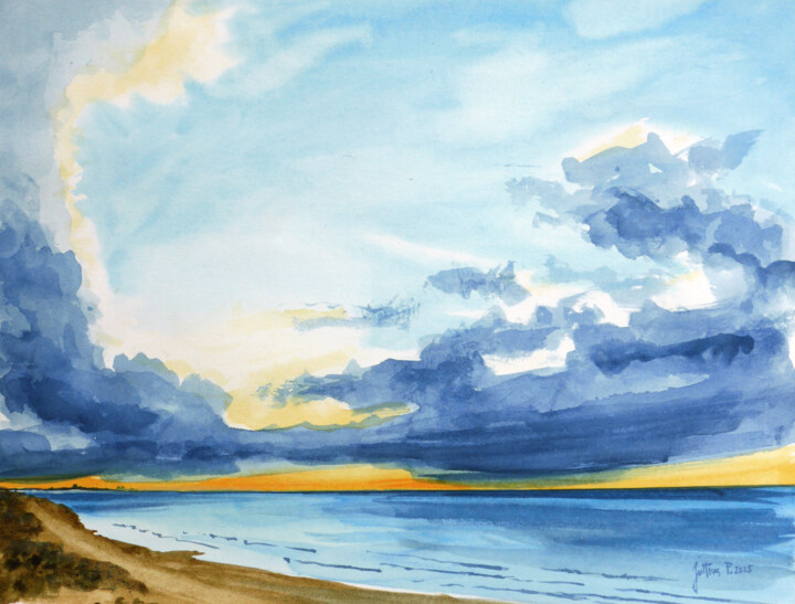 Painting titled "Coucher de soleil e…" by Philippe Juttens, Original Artwork, Watercolor