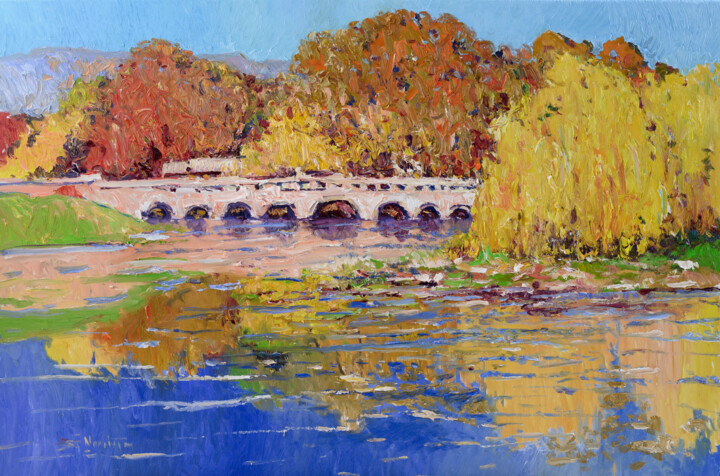 Fall landscape with a Bridge in the Park 绘画, 24x36 in