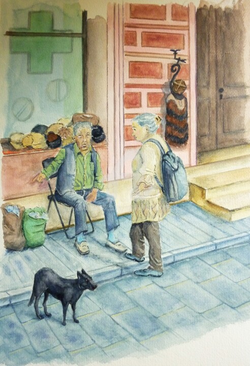 Vendeur de chapeau Varsovie Schilderij, 17,7x13,8 in
