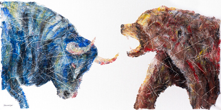 Bull vs. Bear. 绘画, 24x48 in