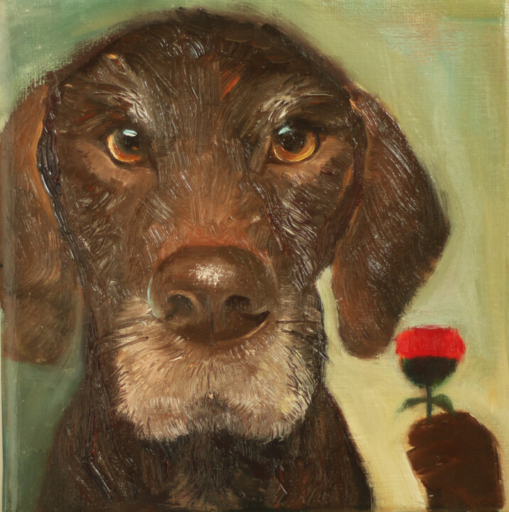Peinture intitulée "Dog with a red flow…" par Ying Zhang, Œuvre d'art originale, Huile Monté sur Châssis en bois