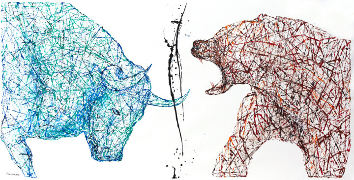 Bull .vs. Bear 绘画, 34x67 in