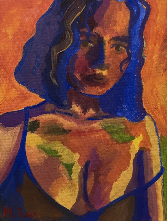 The fiery girl portrait – Woman with Bob in Lingerie, Acryli Malarstwo, 9,5x7,1 in