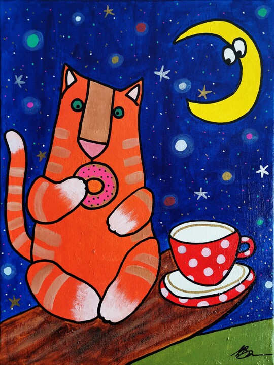 Moonlit Whimsy: Cat's Delightful Donut Dream. Pittura, 15,8x11,8 in