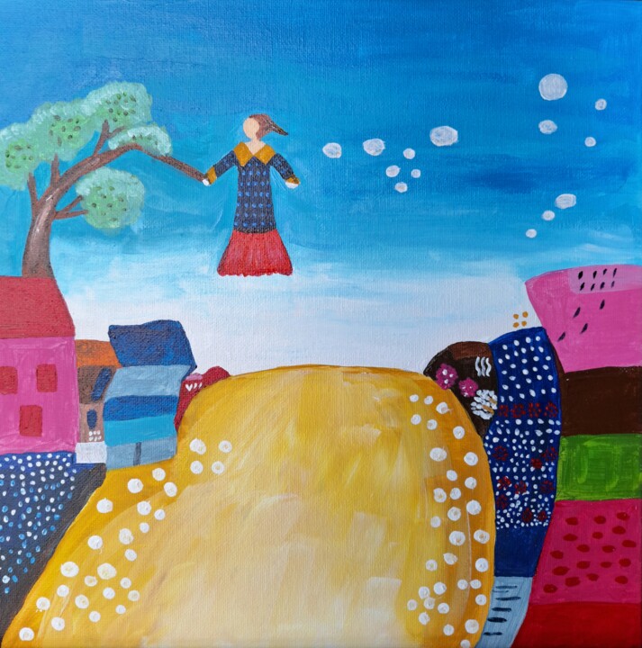 Flying Woman Painting – Naïve Art Acrylic 绘画, 11.8x11.8 in