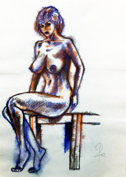 Sitzender Akt tricolor. Dessin, 16,1x11,6 in