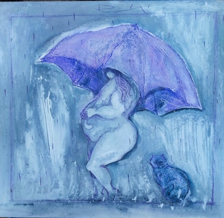 Creatura con ombrello lilla. Schilderij, 21,7x19,7 in