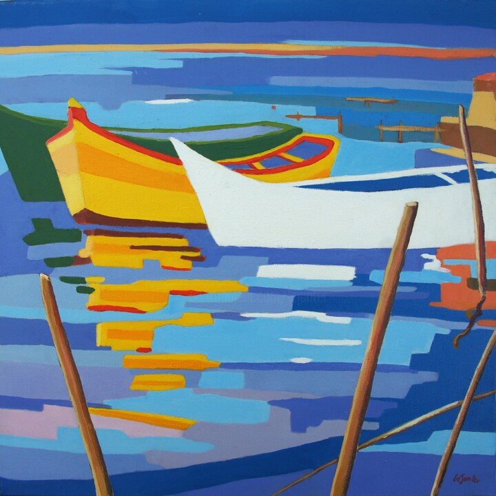 Peinture intitulée "Pointus au Brusc" par Jean-Noël Le Junter, Œuvre d'art originale, Huile Monté sur Châssis en bois