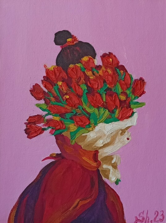 Girl with Flowers Oil Painting, Tulips Original 绘画, 7.1x9.5 in