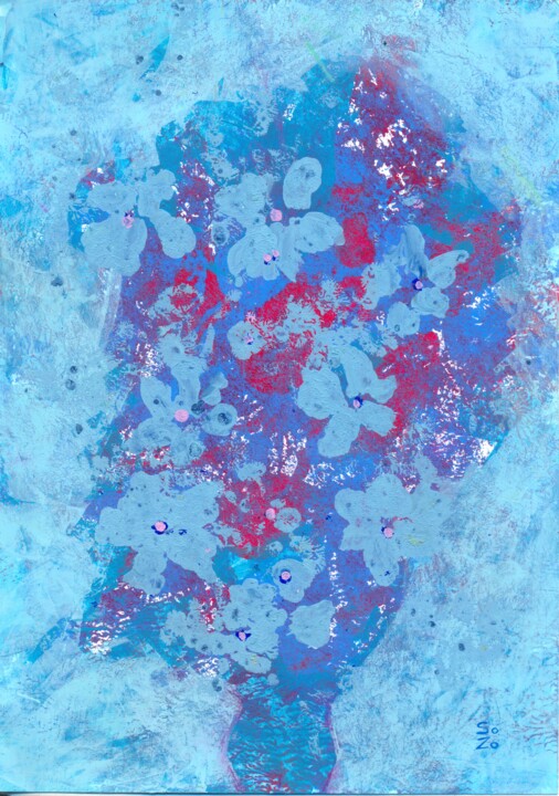 Whisper of Ice – Abstract Floral Painting in Cool Blues Картина, 11,8x7,9 in