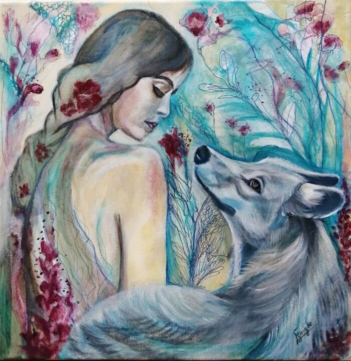 Peinture intitulée "Les Louves" par Sandrine Engle, Œuvre d'art originale, Huile Monté sur Châssis en bois