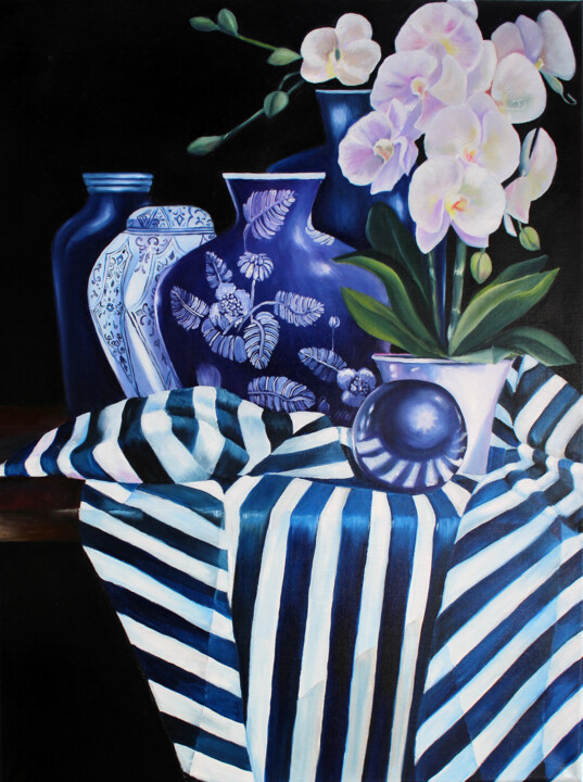 Painting titled "Still life "Orchid…" by Nadzeya Dzemianchuk, Original Artwork, Oil Mounted on Wood Stretcher frame