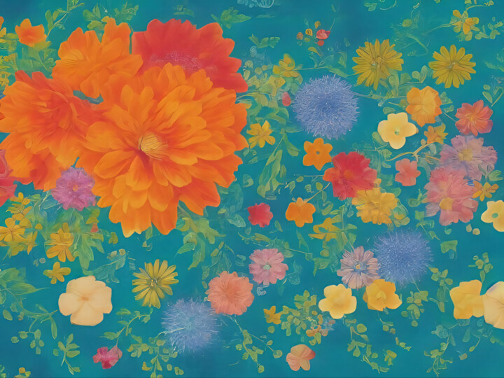Digital Arts titled "Retro Blooms Pattern" by Meahau, Original Artwork, AI generated image