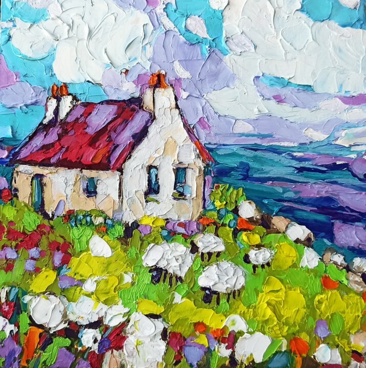 Ireland Oil Painting, Irish Cottage Original, Sheeps Art 绘画, 7.9x7.9 in