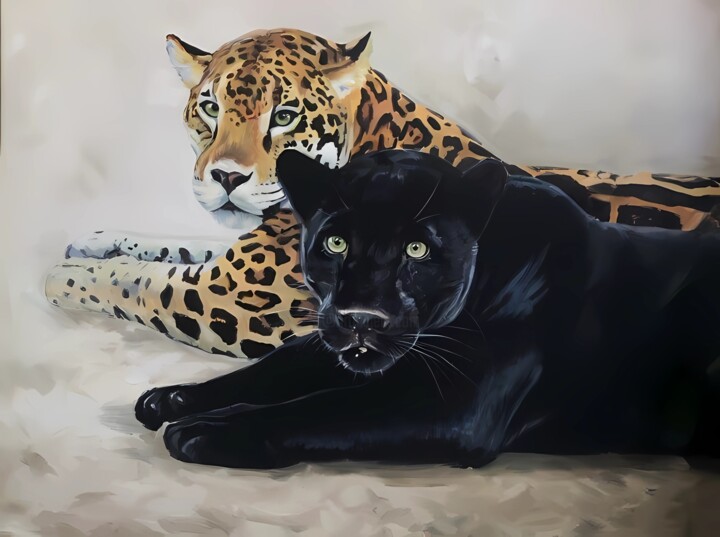 Black panther and leopard 70/90 cm 绘画, 27.6x35.4 in
