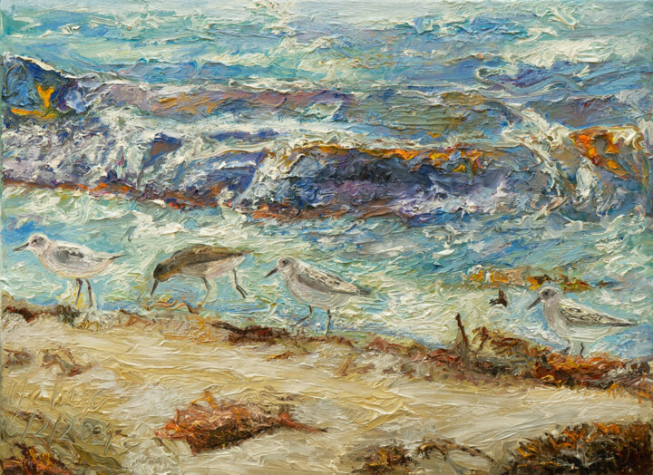 Vor den Wellen / vier Sanderlinge 绘画, 23.6x31.5 in