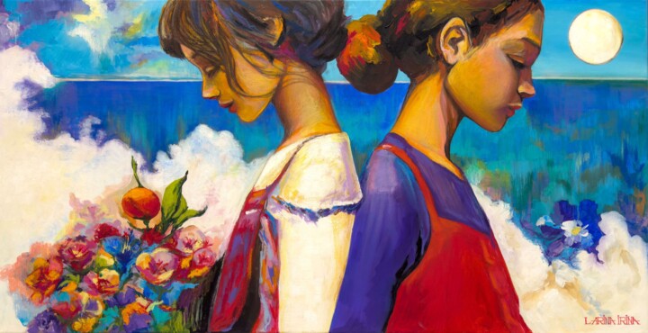 Schilderij getiteld "Full moon" door Irina Larina, Origineel Kunstwerk, Acryl Gemonteerd op Frame voor houten brancard