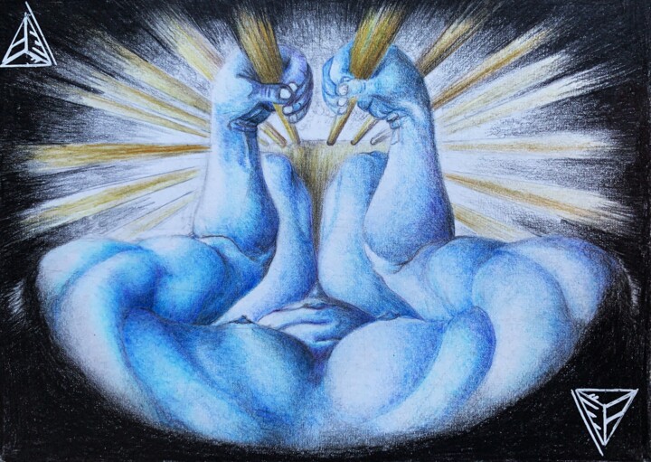 blue in golden cagen Tekening, 5,9x7,9 in