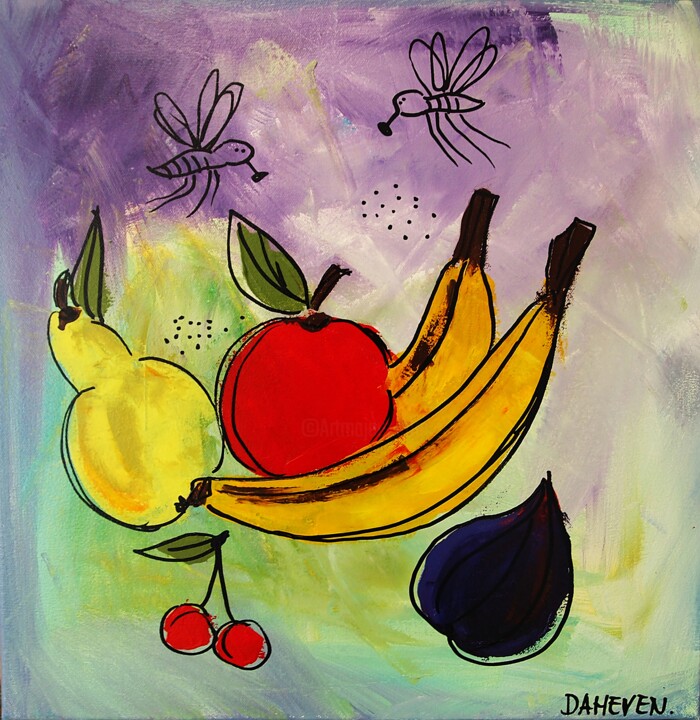 Banana Symphony Colorful Still Life Naive Painting. 绘画, 15.8x15.8 in