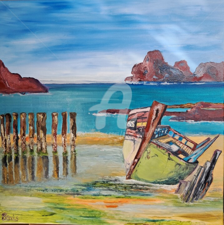 Le bateau abandonné... Schilderij, 19,7x19,7 in