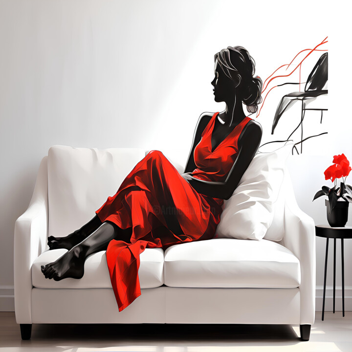 Modern Woman Silhouette in Red Dress Relaxing on White Sofa 数字艺术