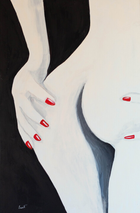 Manos con uñas rojas en culo de mujer 绘画, 36.2x23.6 in