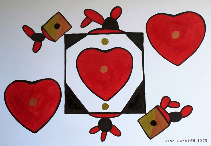 Peinture intitulée "Three hearts of love" par Henk Dekkers, Œuvre d'art originale, Encre
