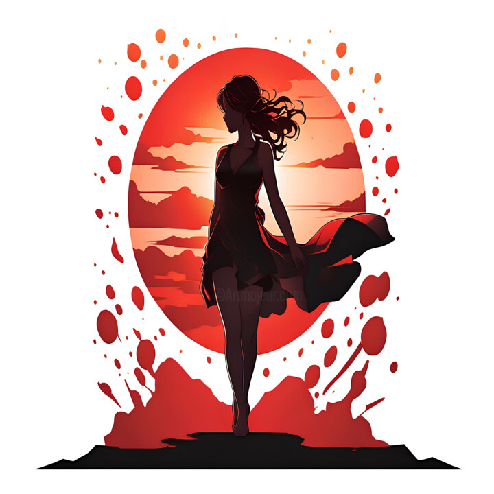 Silhouette Of A Woman At Sunset Elegant Woman Red Abstract 数字艺术