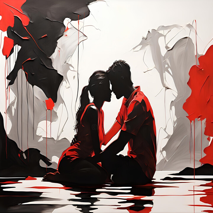 Silhouette Couple Kissing In Water abstract art sumi-e 数字艺术
