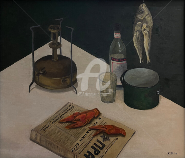Crayfish, dark green background, Russian vodka,dried fish 绘画, 23.6x27.6 in