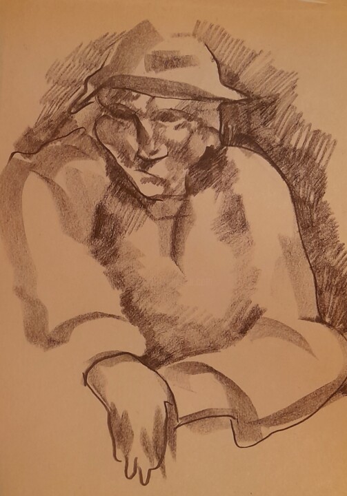Zeichnungen mit dem Titel "Man with a hat on" von Alexey Zhucovsky, Original-Kunstwerk, Kohle