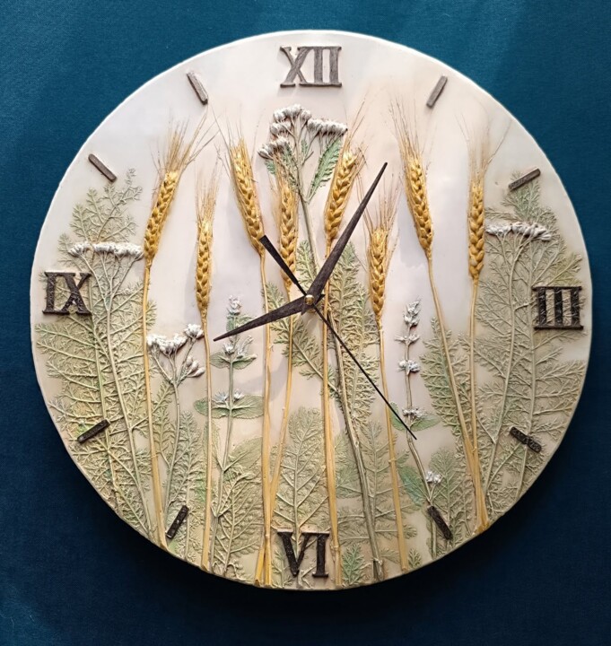 Clock- painting ,"Ears of wheat" sculptural panel Tablo, 15,8x15,8 in