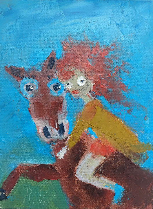 Horse rider fun original artwork, cowboy cowgirl 绘画, 9.5x7.1 in