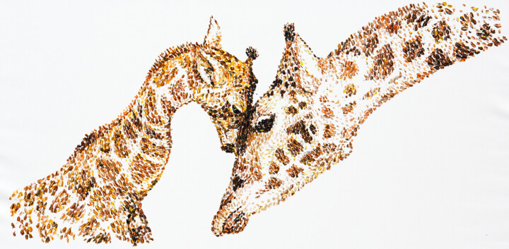 baby giraffe and mother 绘画, 29x58 in