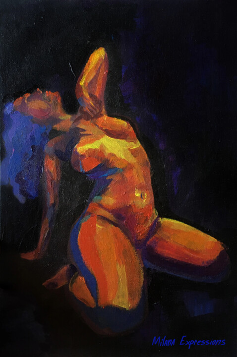 Sensual Ecstasy: Vibrant Erotic Female Nude in Orange & Blue 绘画, 11.8x7.9 in