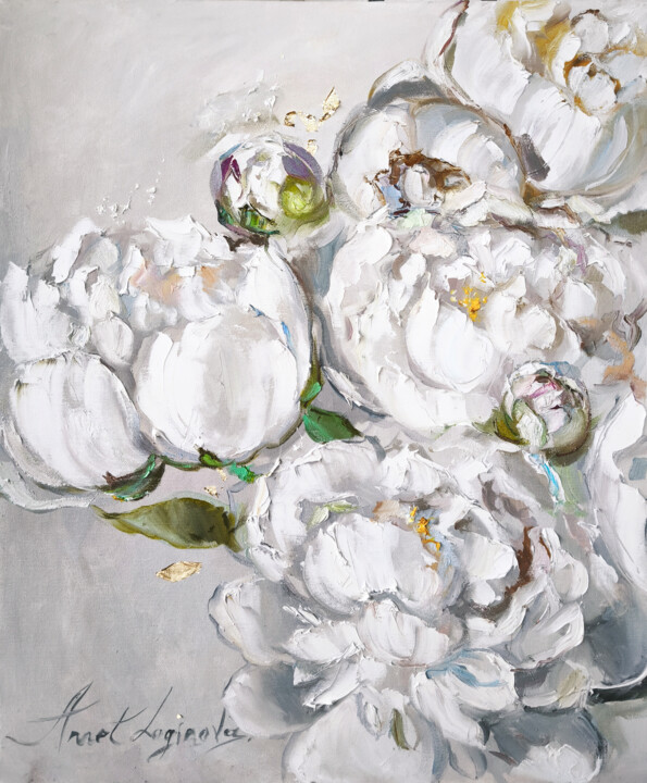 Floral oil painting, Neutral wall art, Peonies painting 绘画, 23.6x19.7 in