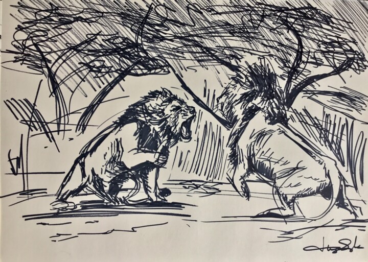 Fighting lions 图画, 11.7x16.5 in