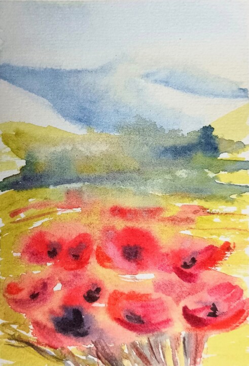 An explosion of colors in "Poppies Field” 绘画, 7.9x5.7 in