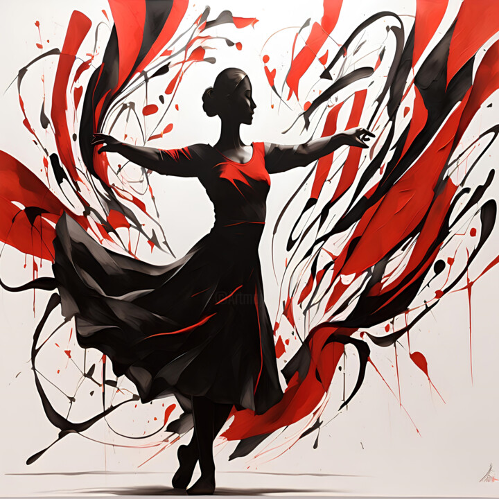 Graceful Flamenco Dancer Sumi-e Wall Art Elegant Ink Brush 数字艺术