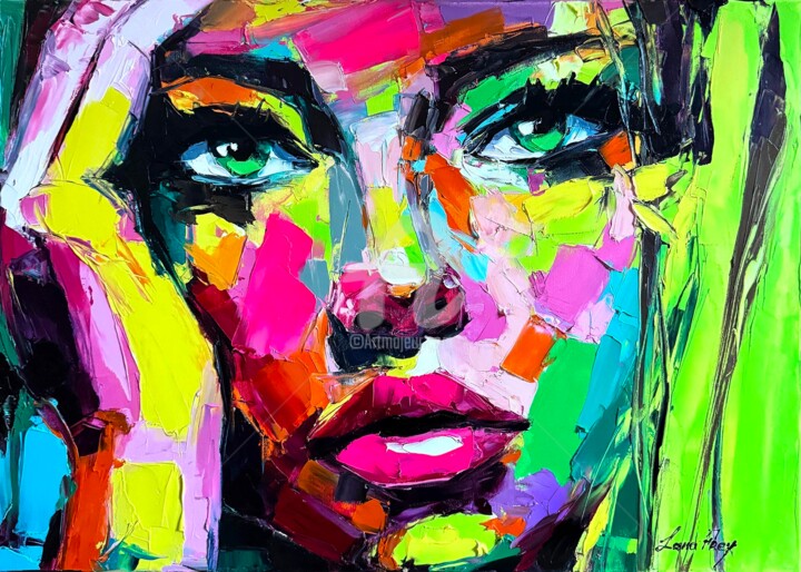 Green Gaze, Pink Dreams Painting, 19.7x27.6 in
