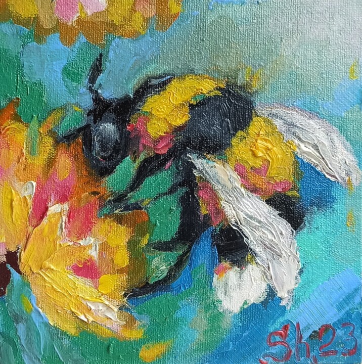 Bee Original, Honeybee Oil Painting, Bumblebee Artwork 미술작품, 5.9x5.9 in